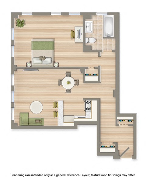 Floor plan for 1 bed, 1 bath, 620 sqft